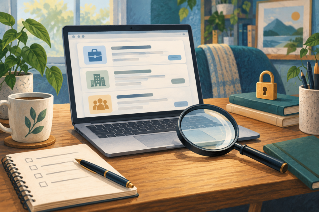 A laptop, notebook, magnifying glass and padlock on a desk.